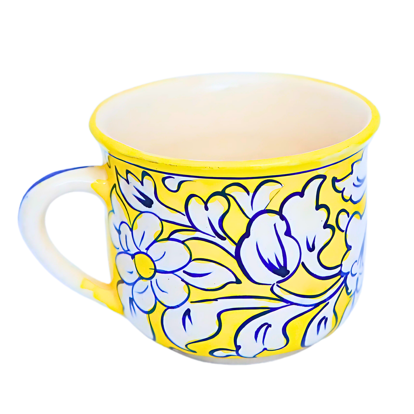 Handcrafted Multani Blue Pottery Mug – Bright Floral Design on Yellow