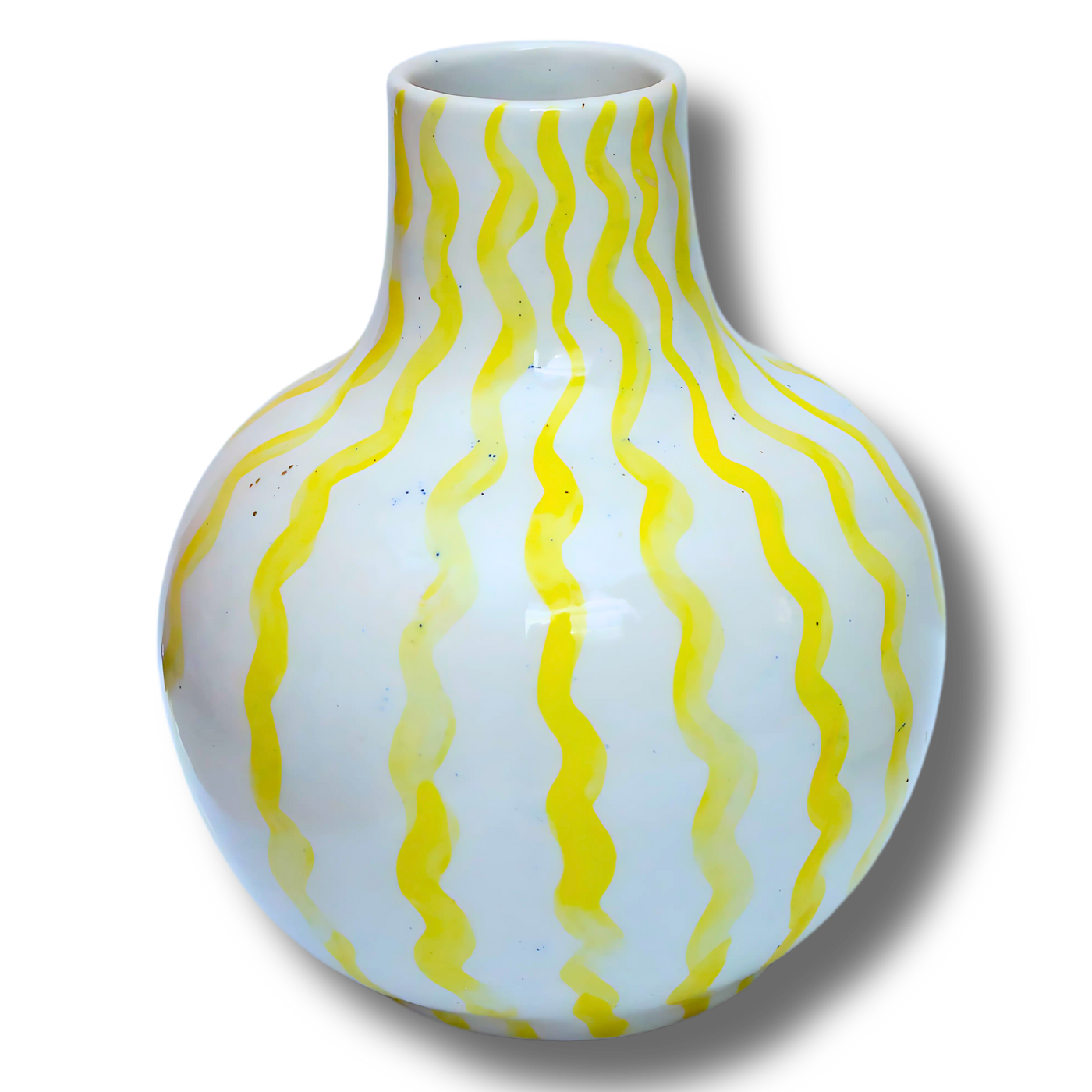 Modern Handcrafted Blue Pottery Vase with Yellow Wave Design