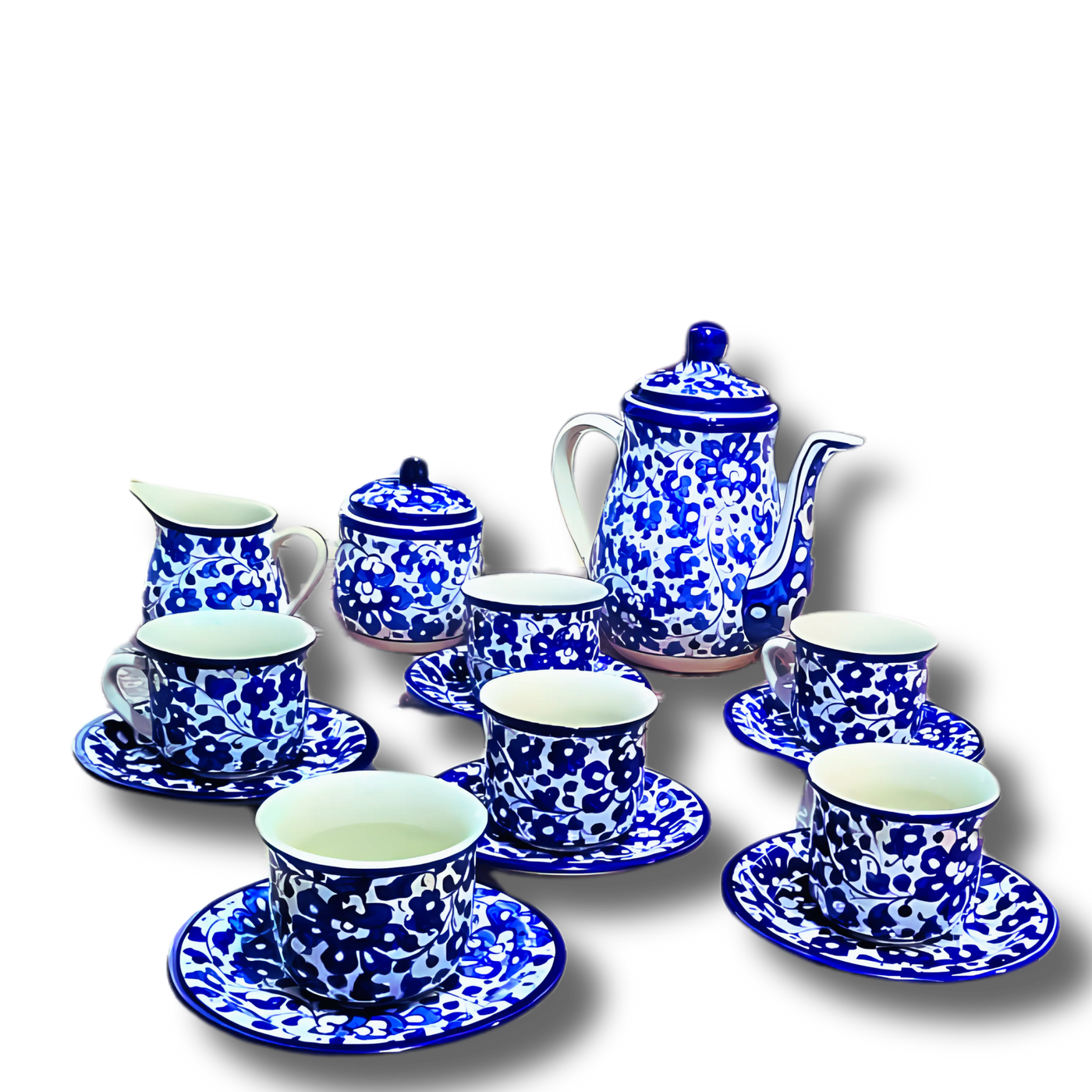 "Handcrafted Blue Floral Ceramic Tea Set – Blue Art by Ustad Alam"