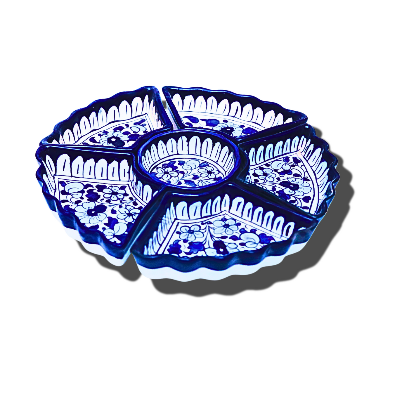 Handcrafted Blue Ceramic Divided Serving Platter - Elegant Floral Design